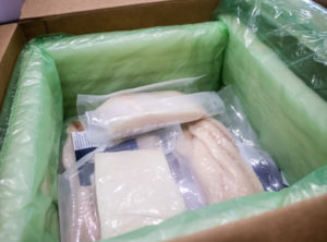 Dry Ice packed fish fillets in a box ready for distribution